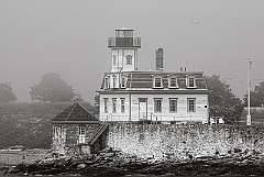 Rose Island Lighthouse in Fog in Rhode Island -BW